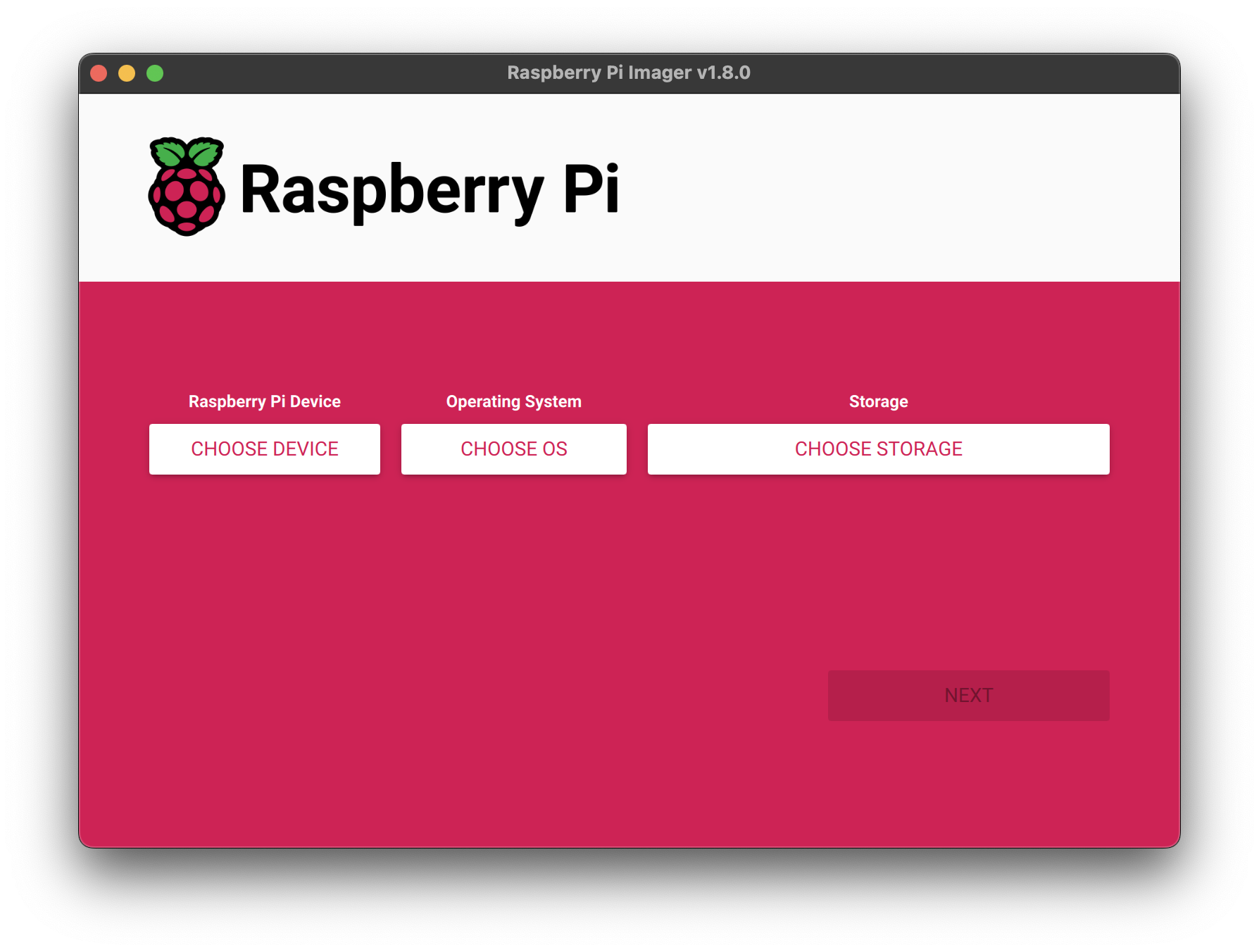 Raspberry Pi Imager Welcome Screen